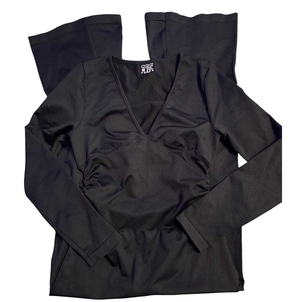 NEW OQQ Women's Black Long Sleeve V-Neck Ruched Flare Leg Jumpsuit, Size M